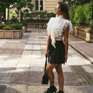 White shirt and black skirt outfit